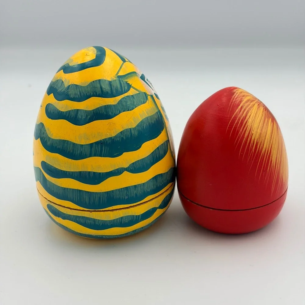 Vintage Hand Painted Wooden Nesting Egg Set Tiger and Lion Safari Folk Art 2pc